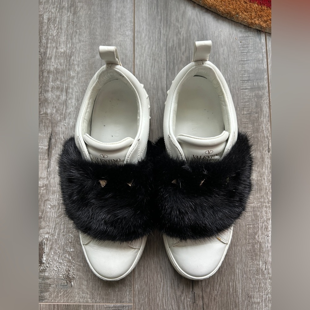 Valentino leather sneaker with mink pompom